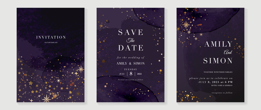 Wedding invitation Card template with  star and moon themed . Gold and luxury save the dated card with watercolor and gold sparkles and brush texture. Starry night cover design background.