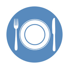 Fork and spoon and plate placed in blue circle. Restaurant, cafe symbol. Vector illustration.