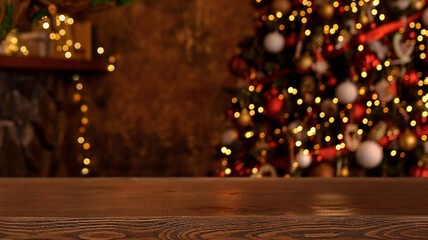 Christmas background. Empty wooden table on the background of the Christmas tree and New Year's bokeh.Ready for product montage. Banner