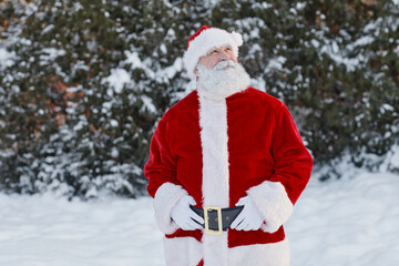 Horizontal medium portrait of handsome senior Caucasian man wearing Santa Claus costume standing in park on winter day looking away