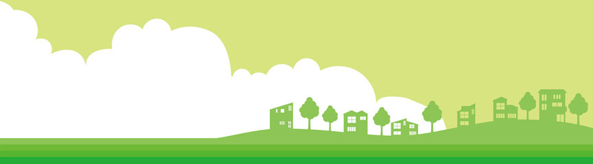 シンプルな建物住居一戸建てアイコンで描かれた街並みの2色パノラマ風景イラスト不動産　テキストスペース