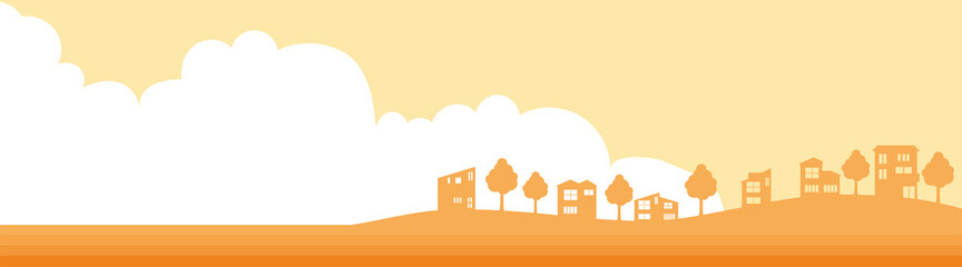 シンプルな建物住居一戸建てアイコンで描かれた街並みの2色パノラマ風景イラスト不動産　テキストスペース