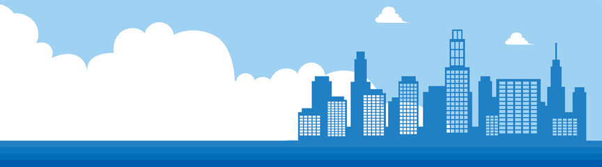 シンプルな建物ビルディングのアイコンで描かれた街並みの2色パノラマ風景イラスト　不動産　テキストスペース