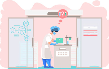 Female laboratory assistant taking notes. Scientist or doctor working with test tube at lab, analyzes data using microscope. Woman conducts experiment in medical lab. Specialists working on research