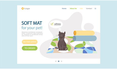 Fototapeta na wymiar Soft mat for your pet landing page template. Cute cat sitting on oval striped bright rug. Funny cartoon character at home. Taking care of animals arrangement of place in an apartment for pet