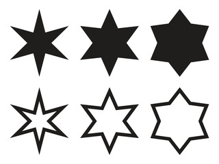 Star shapes collection. Simple silhouetes and outline stars. Hexogram design elements set. Vector illustration isolated on white.
