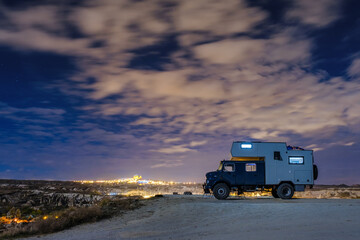 Campervan and Camper truck in Capadoccia at night
