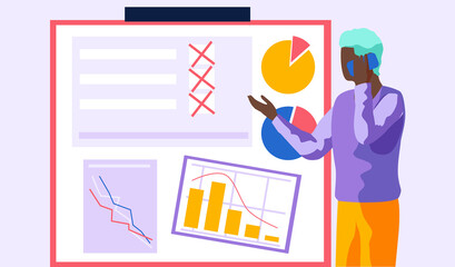 Economic problems, declining indicators of profit concept. Work with diagrams, statistical data analysis. Man analysing business pie chart on poster. Phone talk about bankruptcy, financial crisis