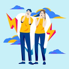 Man and woman feel severe pain in the teeth from caries. Dental concept. Toothache from caries. Hand draw style. Vector illustration.