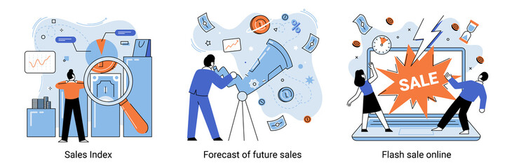Flash sale online, sales index, forecast of future sales, special offer, e-commerce shop promotion, business statistics, performance. Retail profit plan, profit analysis abstract concept vector set