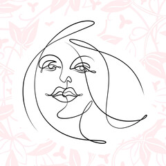 International Women's Day minimal design line drawing style. Portrait of young woman beauty face isolated on pastel leaf background. Vector for Spa, fashion, hairdressing and beautiful artwork design.