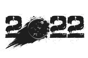 Numbers 2022 and flying abstract hockey puck made from blots with by milky way in grunge style. Happy New Year 2022. Design template for greeting card. Vector illustration on isolated background - obrazy, fototapety, plakaty