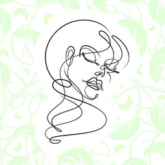 International Women's Day minimal design line drawing style. Portrait of young woman beauty face isolated on pastel leaf background. Vector for Spa, fashion, hairdressing and beautiful artwork design.