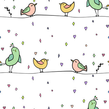 Seamless pattern with funny colorful birds sitting on wires. Color flat vector illustration with little cartoon bird. Cute characters. Template design for invitation, flyer, textile, fabric for kids