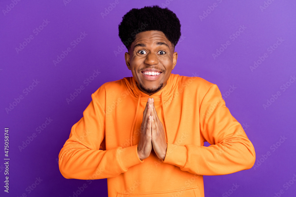 Wall mural Photo of young afro guy happy positive smile excited hands together wait expect gift isolated over purple color background - Wall murals
