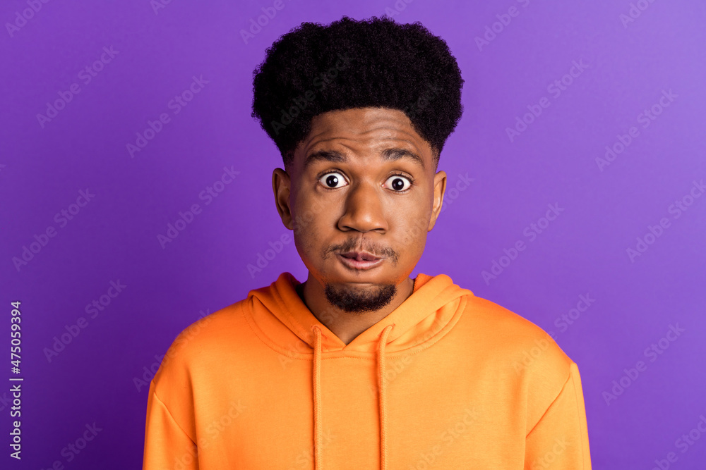 Wall mural Photo of young funky positive dark skin man face hold breath cheeks good mood isolated on purple color background - Wall murals