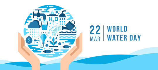 World water day banner - hands hold circle world sign with the many icons on the topic of water vector design - 475059370
