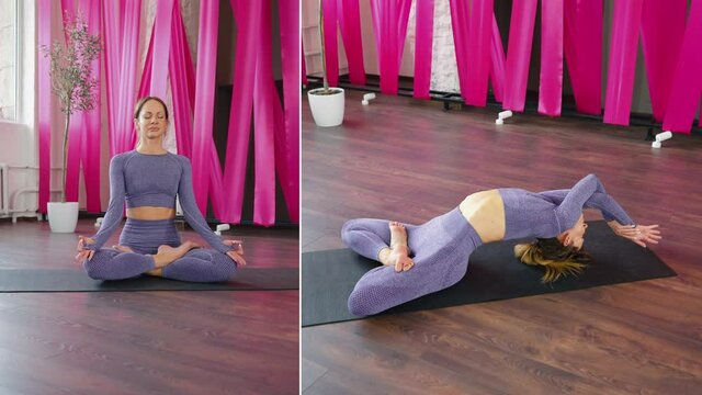 Collage of yoga woman sitting in lotus position and lying in Fish pose. Arc shot meditation and body exercise in studio with bright ribbon decoration. Concept of healthy lifestyle