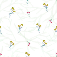 Obraz premium Floral seamless pattern on a white background. Yellow wildflowers and plants. Textured background. Hand drawn watercolor illustration.