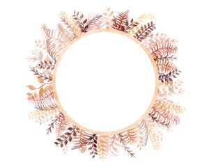 Trendy dried tropical watercolor leaves round frame. Trendy flower. Beige, gold, brown, rust, taupe elements isolated on white background