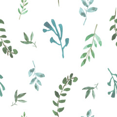 Seamless pattern of green, mint leaves. A set of leaves. Endless pattern. Good for weddings, invitations, cards, textiles.