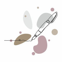 Vector abstract continuous one single simple line drawing icon of fountain writing pen in silhouette sketch.