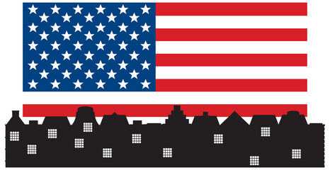 Flag of the United States with silhouette city