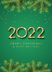 Gold text 2022,  Merry Christmas and Happy New Year greeting card. Christmas tree on a green background. Vector Illustration.