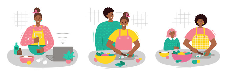 Black people cook in the kitchen. African American woman, man, child prepare healthy food. Set of Vector Flat Illustration. Isolated on a white background.