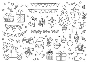 Christmas set with Santa, snowman, gifts, decorations, car, tree, garland, mistletoe, holly, sweets, bell, sock, candy cane. New Year's coloring book. Doodle style outline drawings. Isolated. Vector.