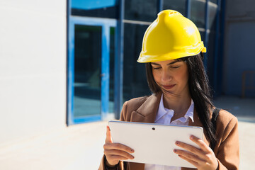 Young beautiful woman in brown coat, yellow workman's helmet and blueprint tube, working with her tablet. Business concept, architect, construction, working woman, empowerment.