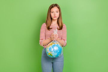 Photo of eco volunteer lady hold plastic bag advert responsible recycle wear striped shirt isolated green color background