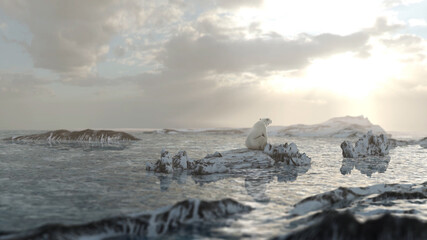 Polar bear sitting on ice rock in beautiful day, North pole landscape

Drone view,global warming concept, polar bear in extinction danger
