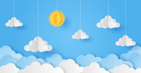 Paper cut of sun and cloud on blue sky background. Vector illustration