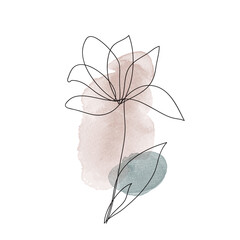Flowers and leaves one line drawing Vector print set. Botanical Poster Single Line Art with watercolor background. Perfect for home decor, cover, wall art posters and design elements.
