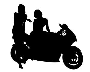 Beauty women on sports motorcycle. Isolated silhouette on a white background