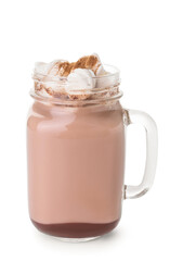 Mason jar of tasty coffee with cinnamon and marshmallows on white background