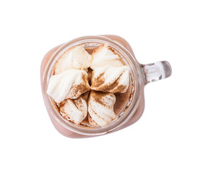 Fototapeta na wymiar Mason jar of tasty coffee with cinnamon and marshmallows on white background