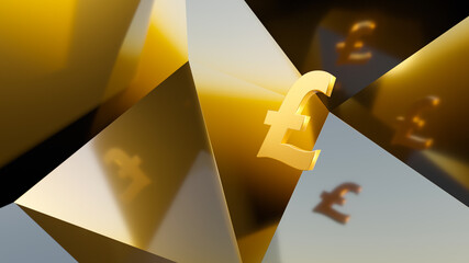 3D rendering of british pound symbol, currency symbol reflected in geometric shape mirrors