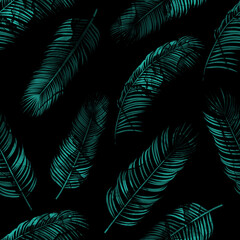 Tropical palm leaves, jungle leaves seamless floral pattern on black background. Vector