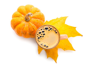 Cup of tasty pumpkin coffee on white background