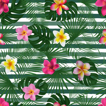 Seamless hand drawn tropical vector pattern with orchid flowers and exotic palm leaves