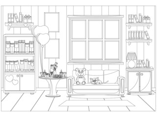 Vector illustration of the interior of the room prepared for the celebration of Valentine's day. Coloring book.
