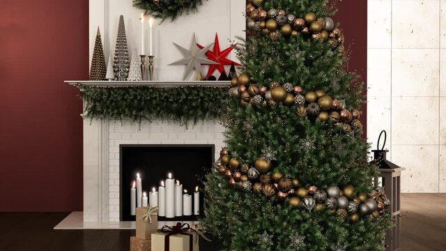 Home interior with Christmas tree fireplace and candles