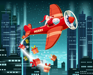 Santa Claus flying on vintage plane, delivering gift boxes, night city background. Christmas poster, banner retro cartoon style illustration