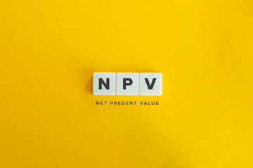 NPV (Net Present Value) banner and concept. Block letters on bright orange background. Minimal...