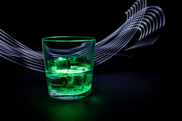 A jar, a glass half filled with a clear liquid with ice cubes and illuminated with green light on a dark background with a wavy graphic pattern