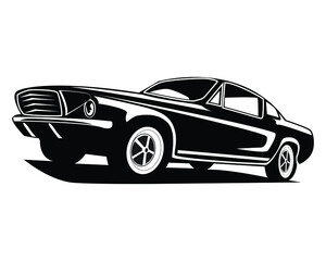 Retro muscle car vector illustration. Vintage poster of reto car. Old mobile isolated on white.
