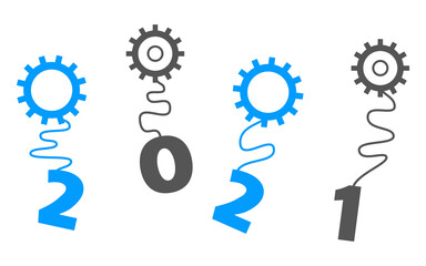 Year 2021 Letters Hanging From Gears Symbols Blue Grey
