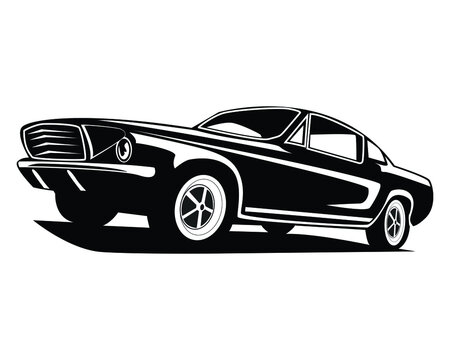 Retro muscle car vector illustration. Vintage poster of reto car. Old mobile isolated on white.